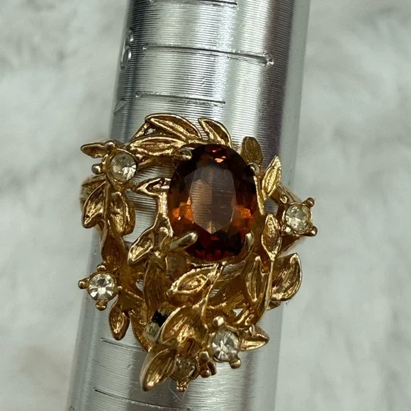 Vintage Floral Smoky Topaz Rhinestone Ring Gold Tone 18K HGE - Picture 8 of 15